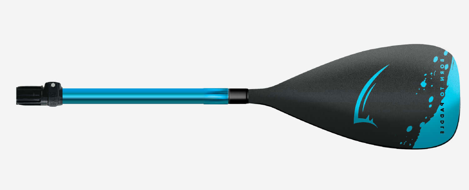 Paddle with a black blade and blue shaft, featuring a textured grip and adjustable connection.