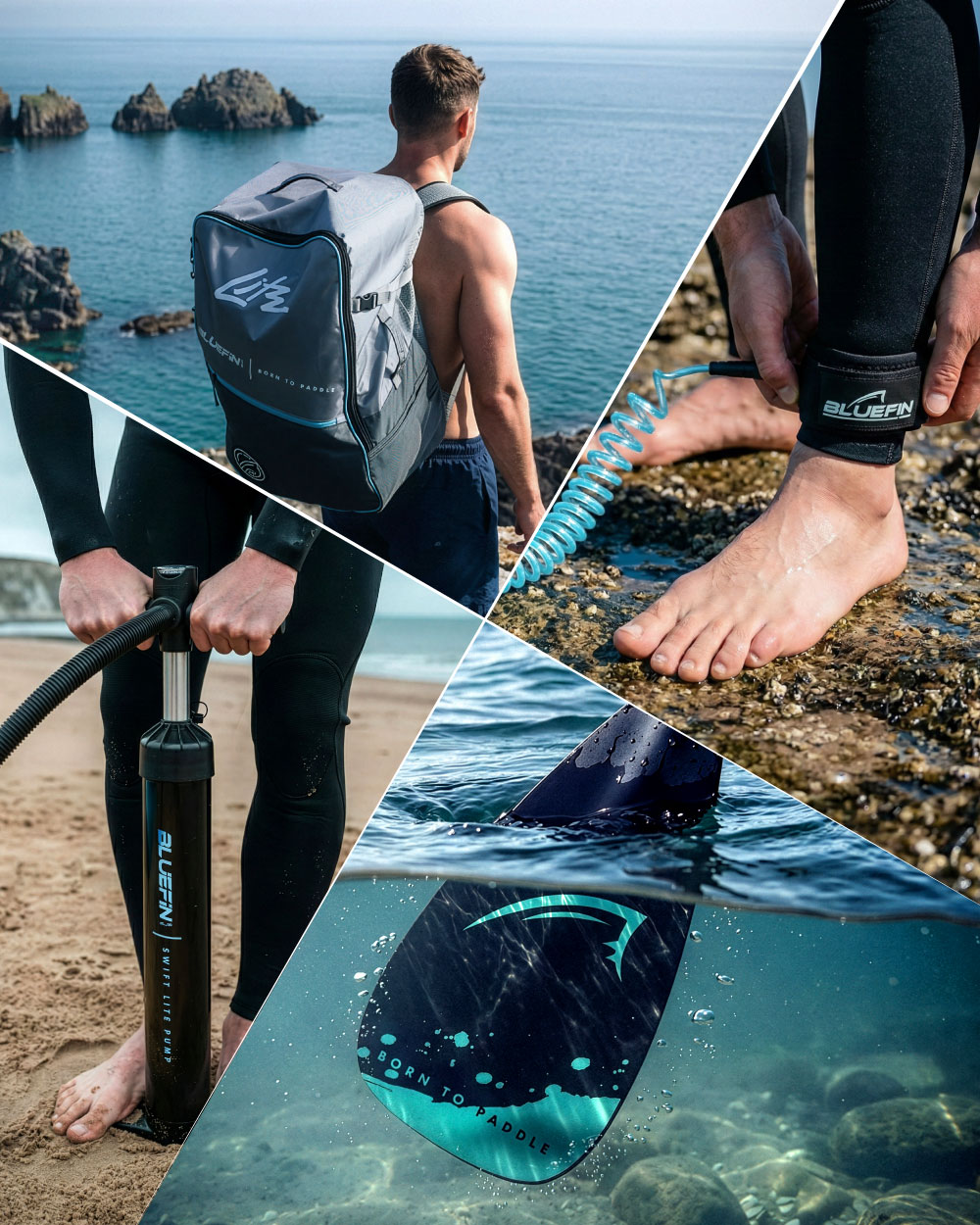 Collage of paddleboarding gear: backpack, pump, wetsuit, and paddle in water