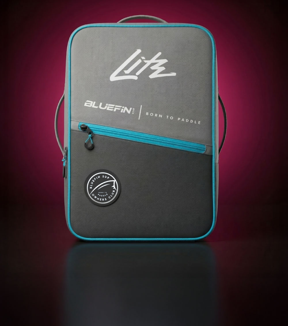 Gray backpack with blue accents, featuring zippers and logos for Bluefin and Litz