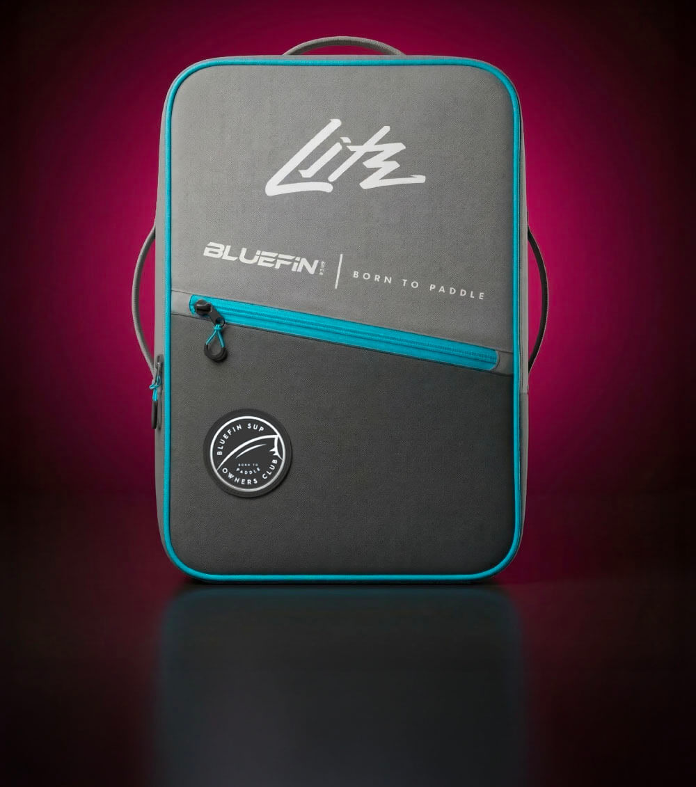 Gray backpack with blue accents, featuring zippers and logos for Bluefin and Litz