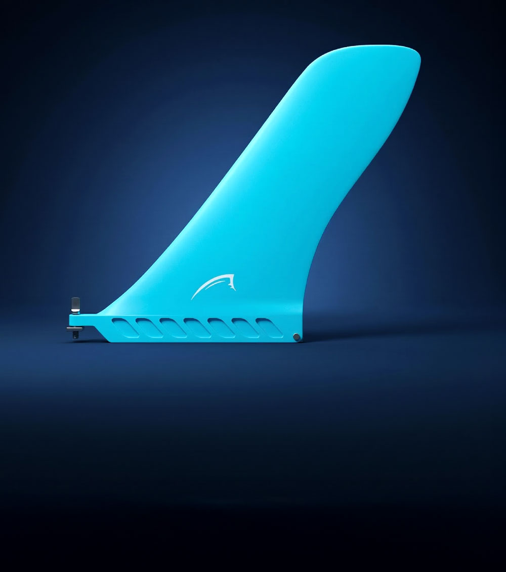 Blue fin for paddleboard with a sleek design and attachment mechanism on the base