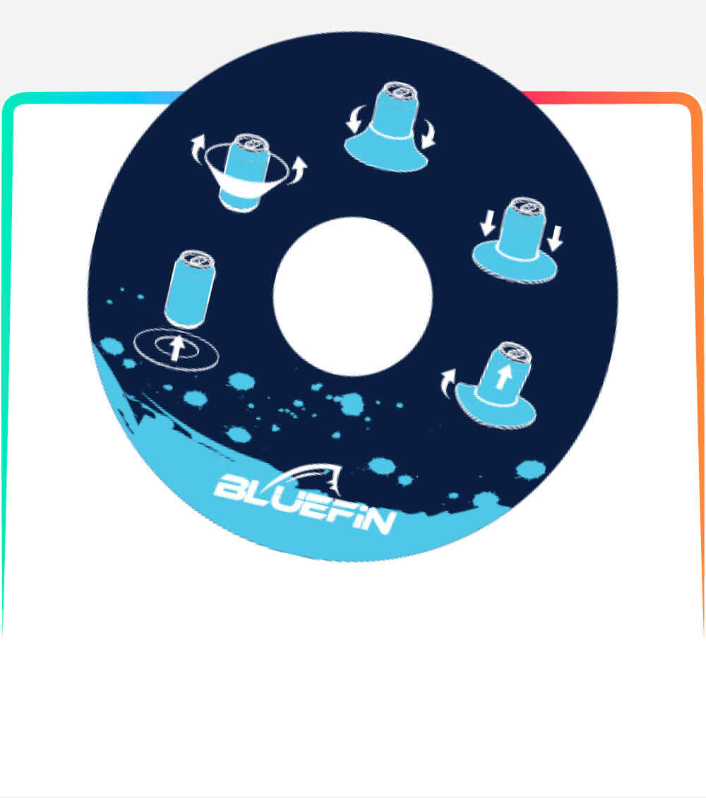 Diagram showing paddleboard movements with icons for rotation and elevation, featuring Bluefin logo.