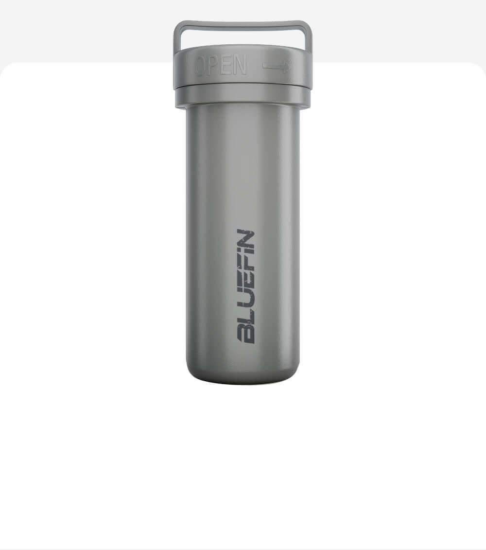Gray waterproof container with an open lid and a handle, featuring the Bluefin logo.