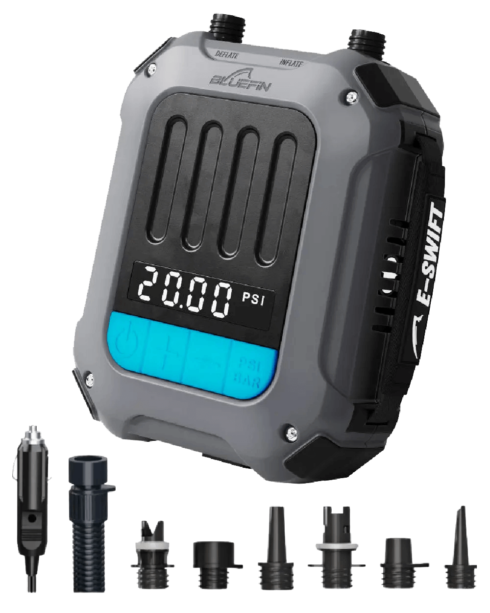 Bomba eléctrica portátil con pantalla digital que muestra 20,00 PSI, seis boquillas y cargador para coche