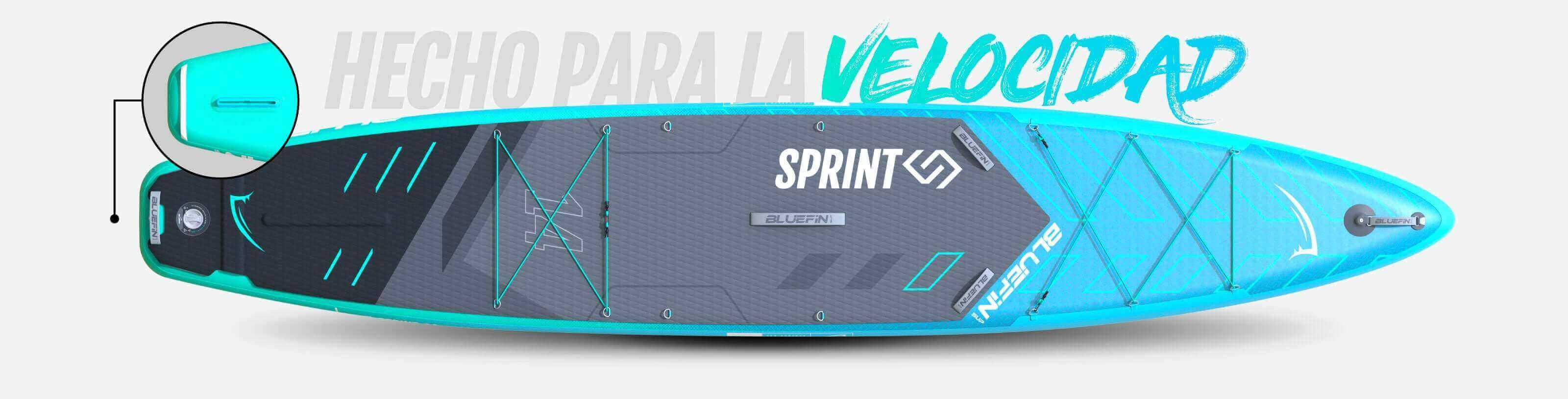 Inflatable paddleboard in teal and gray with textured deck, center fin, and inflation valve