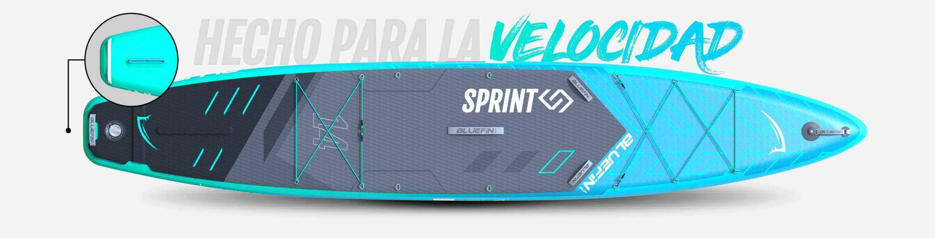 Inflatable paddleboard in teal and gray with textured deck, center fin, and inflation valve
