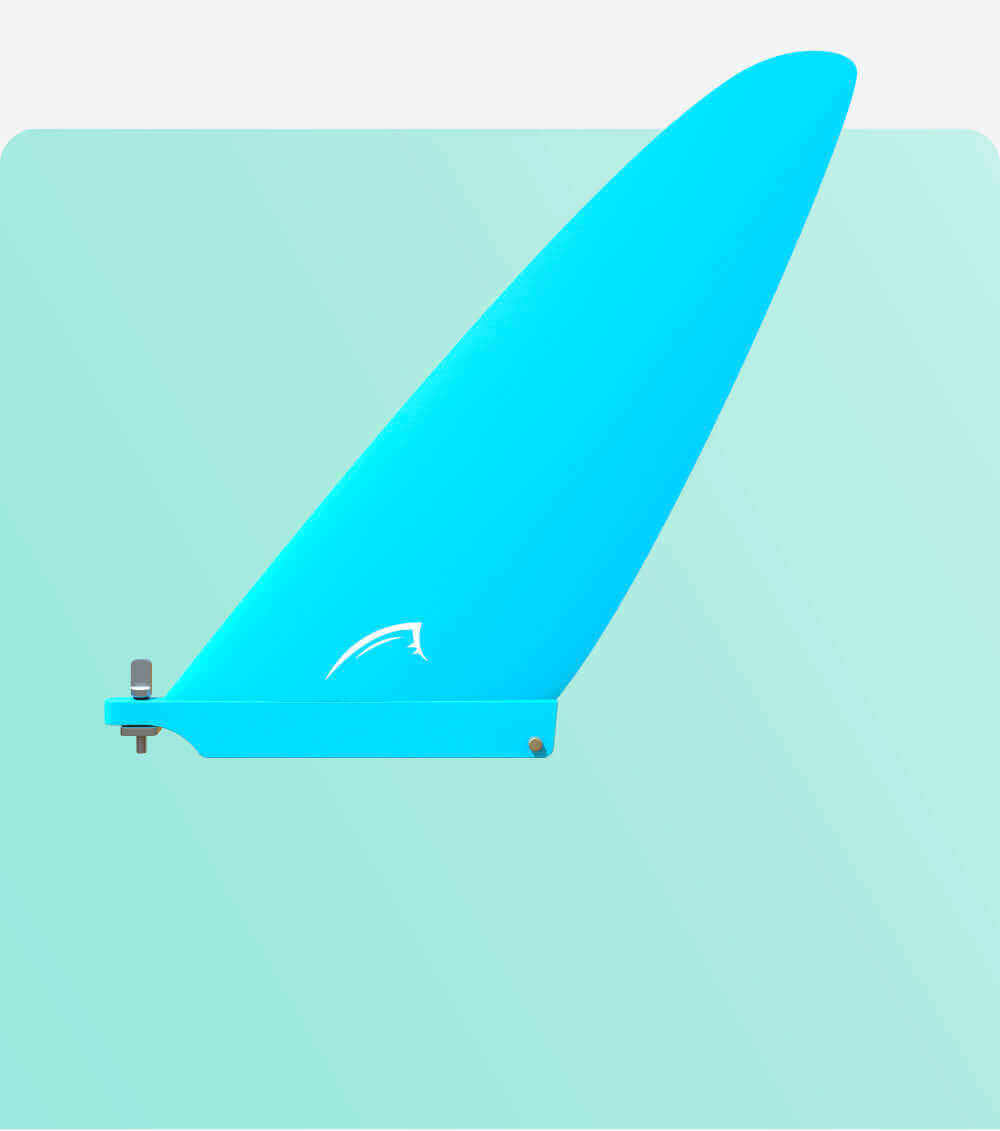 Blue fin for a paddleboard with a sleek design and mounting hardware visible