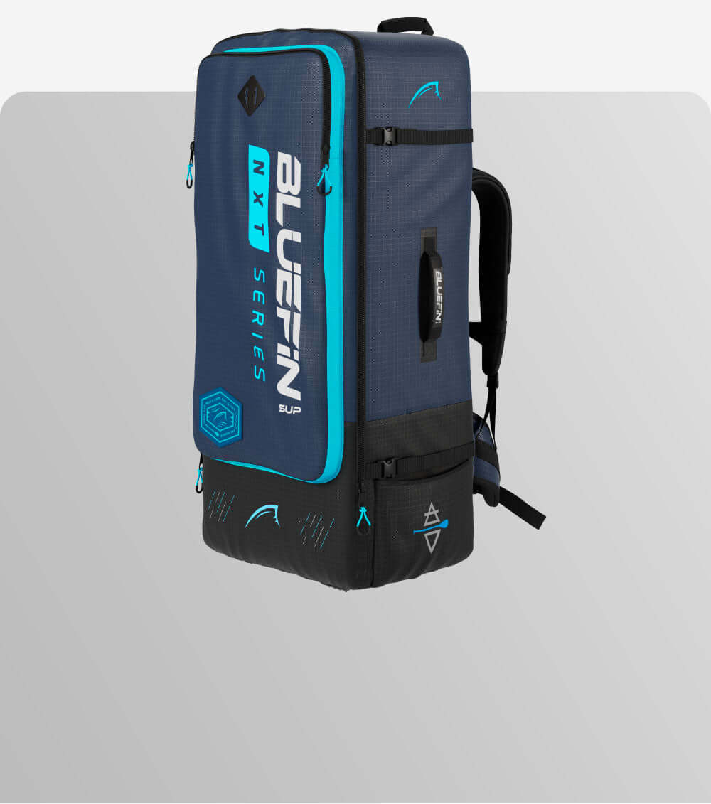 Bluefin SUP NXT Series backpack in navy and turquoise with adjustable straps and multiple compartments