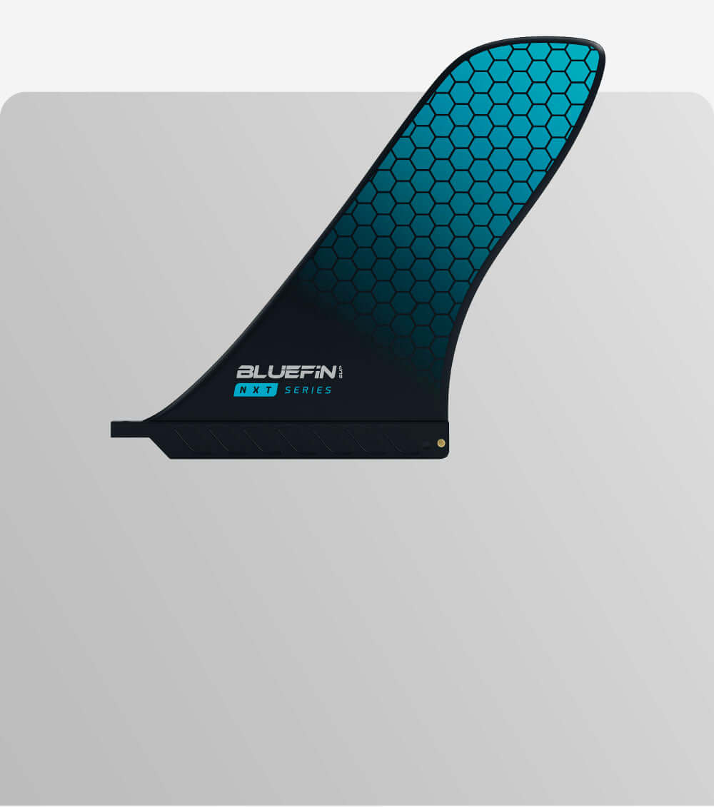 Bluefin NXT Series fin with a hexagonal pattern in blue and black, designed for paddleboards.