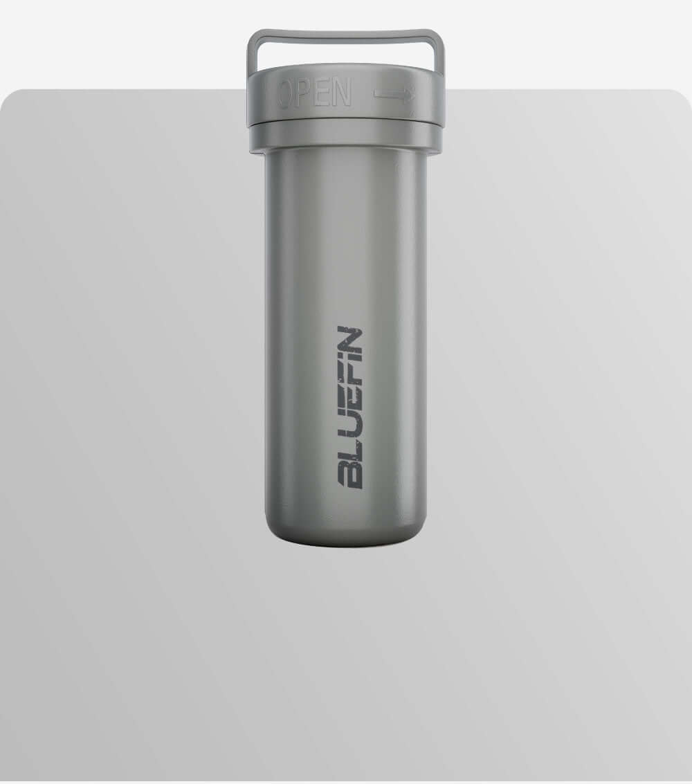 Gray water bottle with an open lid and BLUEFIN logo, set against a light background.