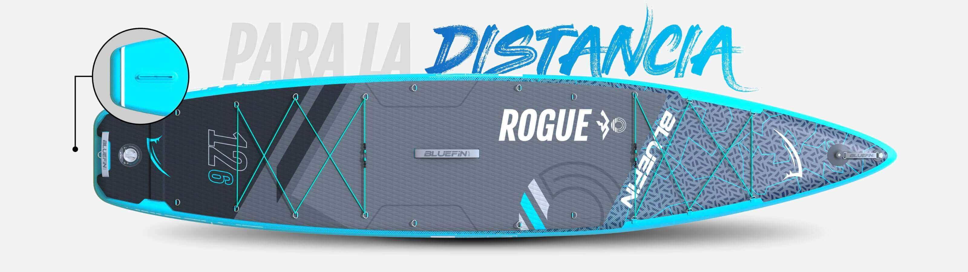 Inflatable paddleboard with blue accents, textured deck, and bungee storage system for gear.
