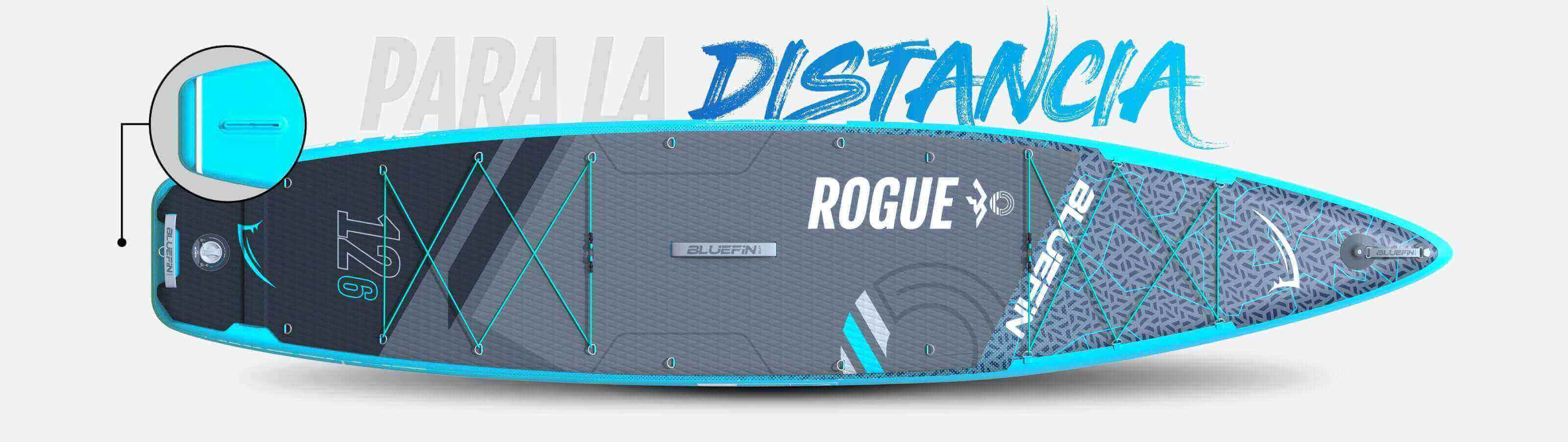 Inflatable paddleboard with blue accents, textured deck, and bungee storage system for gear.