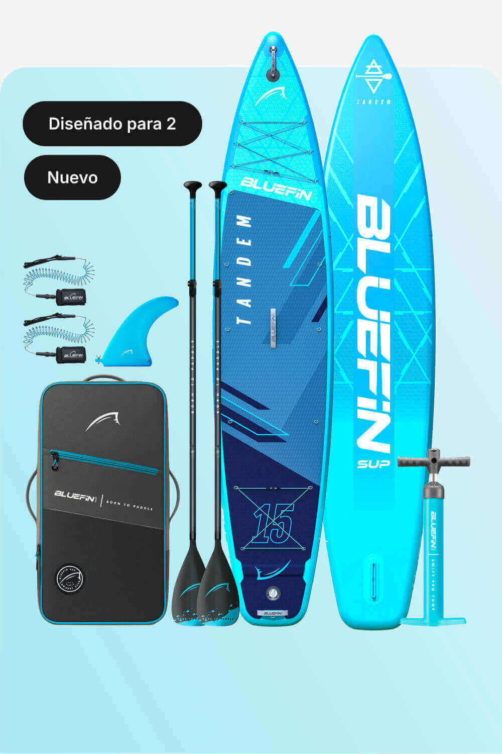 Inflatable tandem paddleboard in blue with two paddles, fin, pump, and carrying bag included