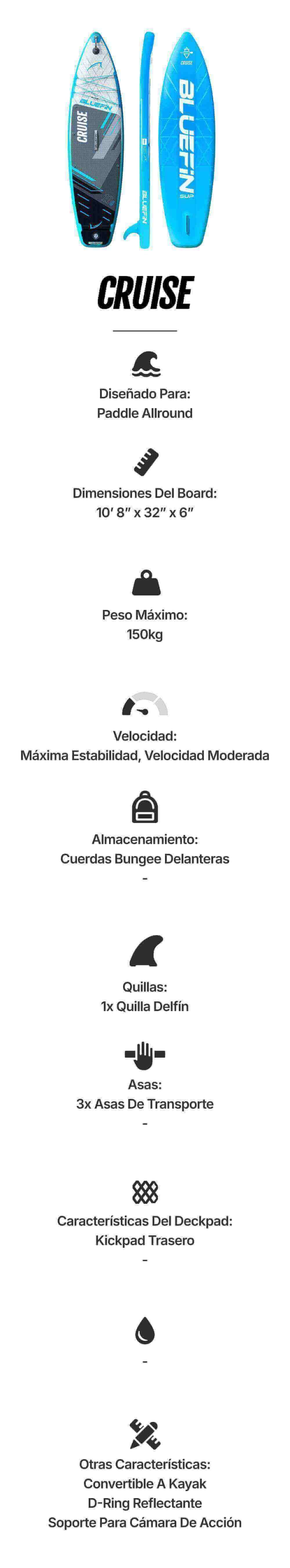 Inflatable paddleboard in blue, 10'8" x 32" x 6", with kickpad and bungee storage.