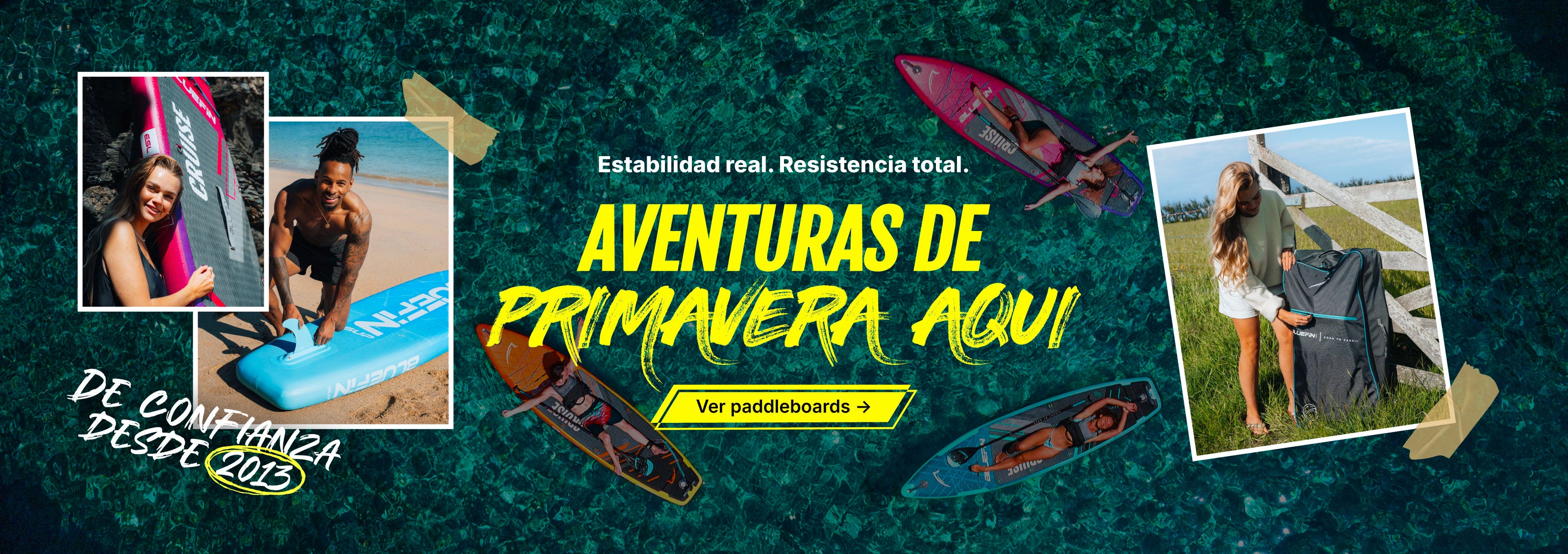 Collage of paddleboards on water, featuring a woman holding a paddleboard bag outdoors.