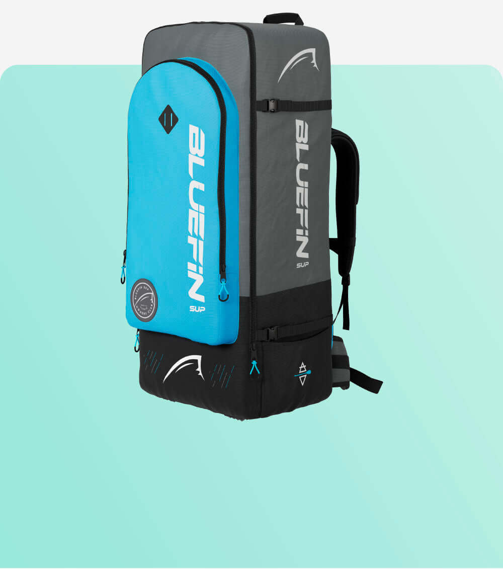 Bluefin SUP backpack in gray and blue with front pocket, straps, and logo details