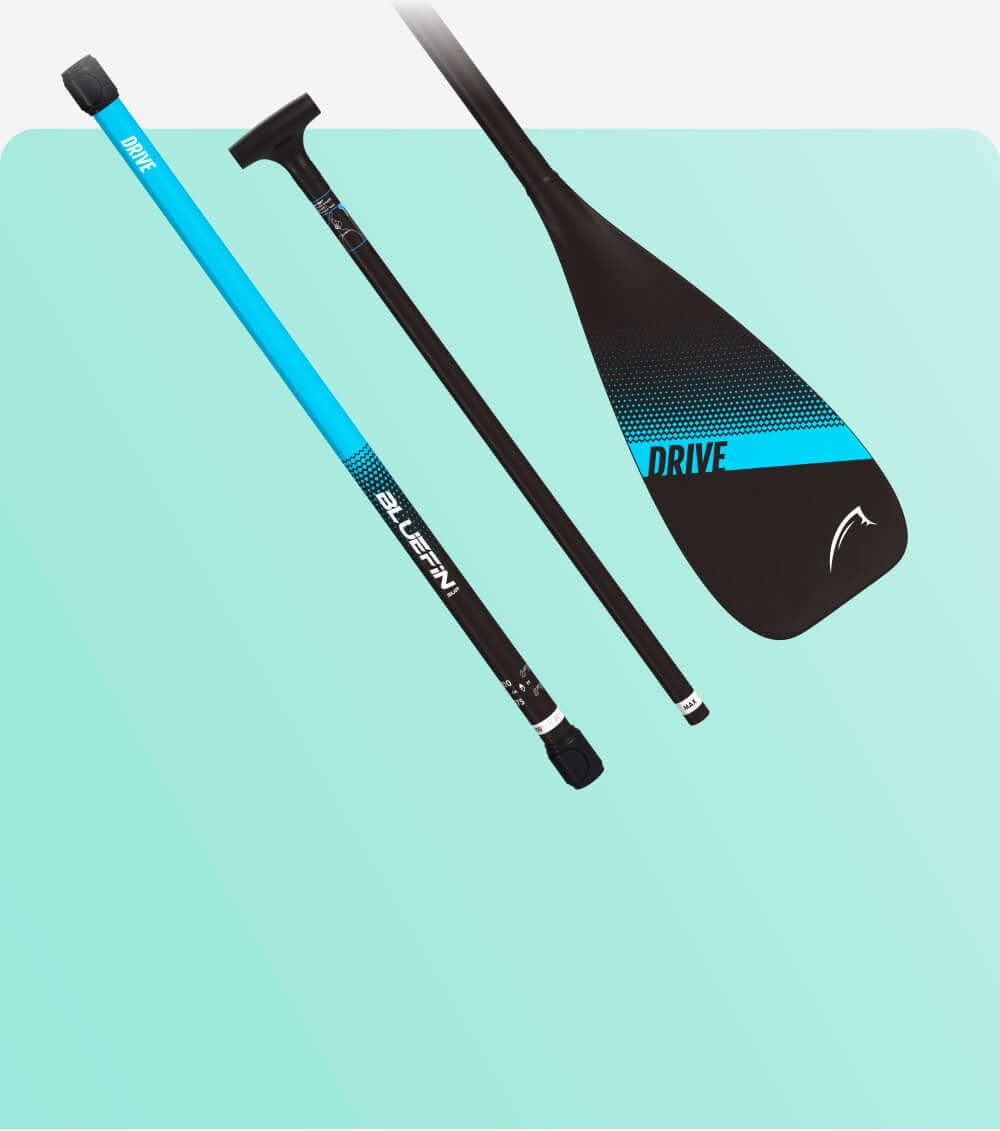 Three-piece paddle with a black blade and blue accents, labeled 'DRIVE' and 'BLUEFIN'.