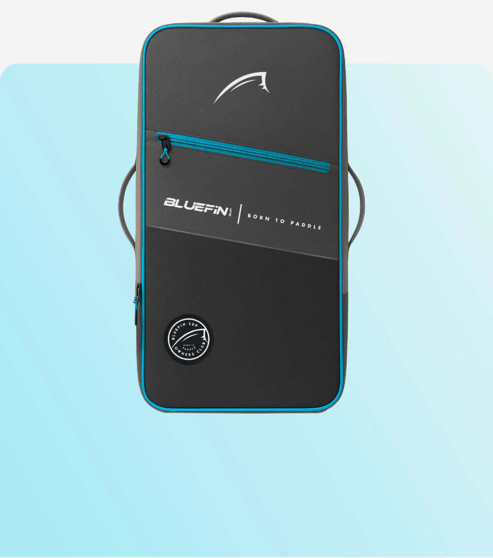 Black and blue padded bag with zipper, logo, and handle for carrying paddleboard gear