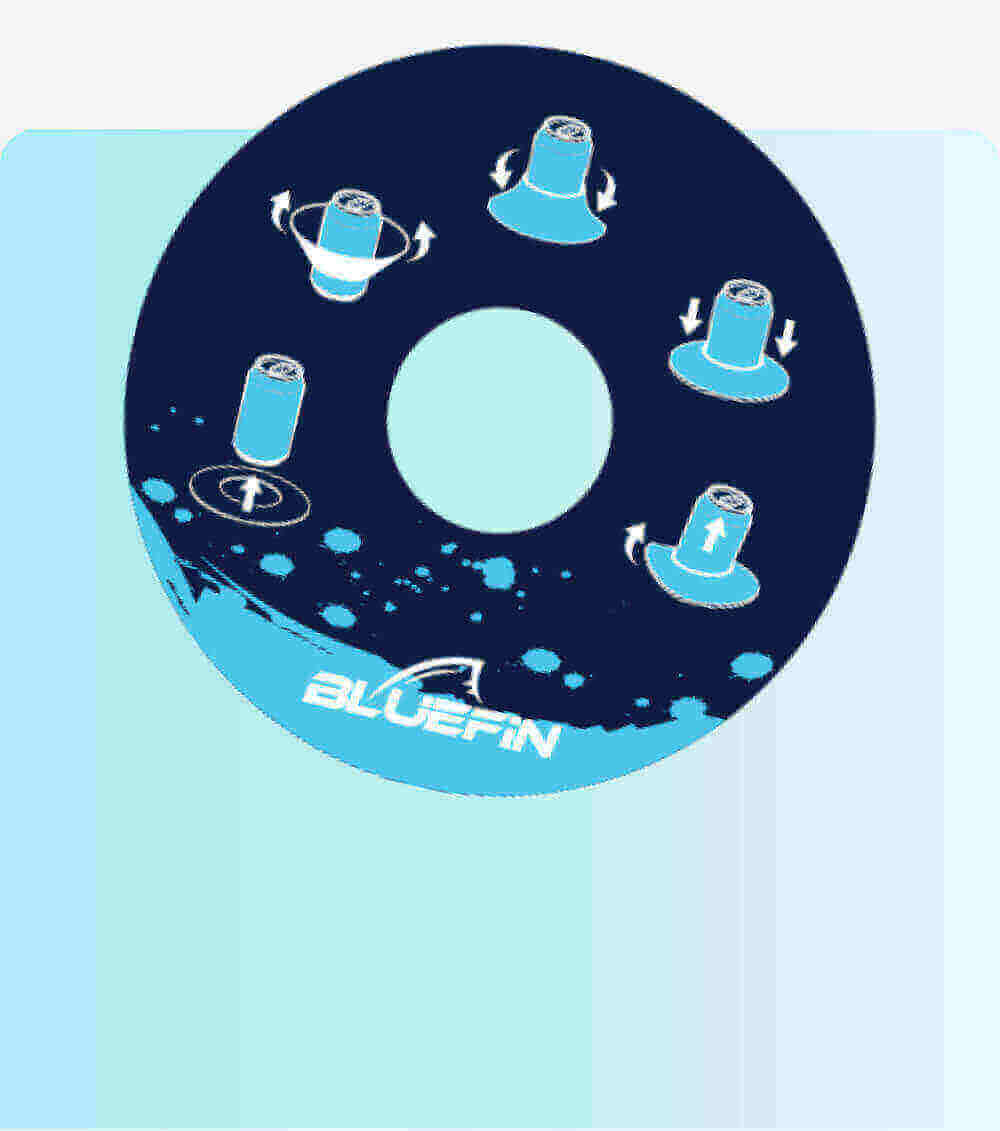 Circular graphic showing paddleboard features with arrows indicating movement directions and "BLUEFIN" text.