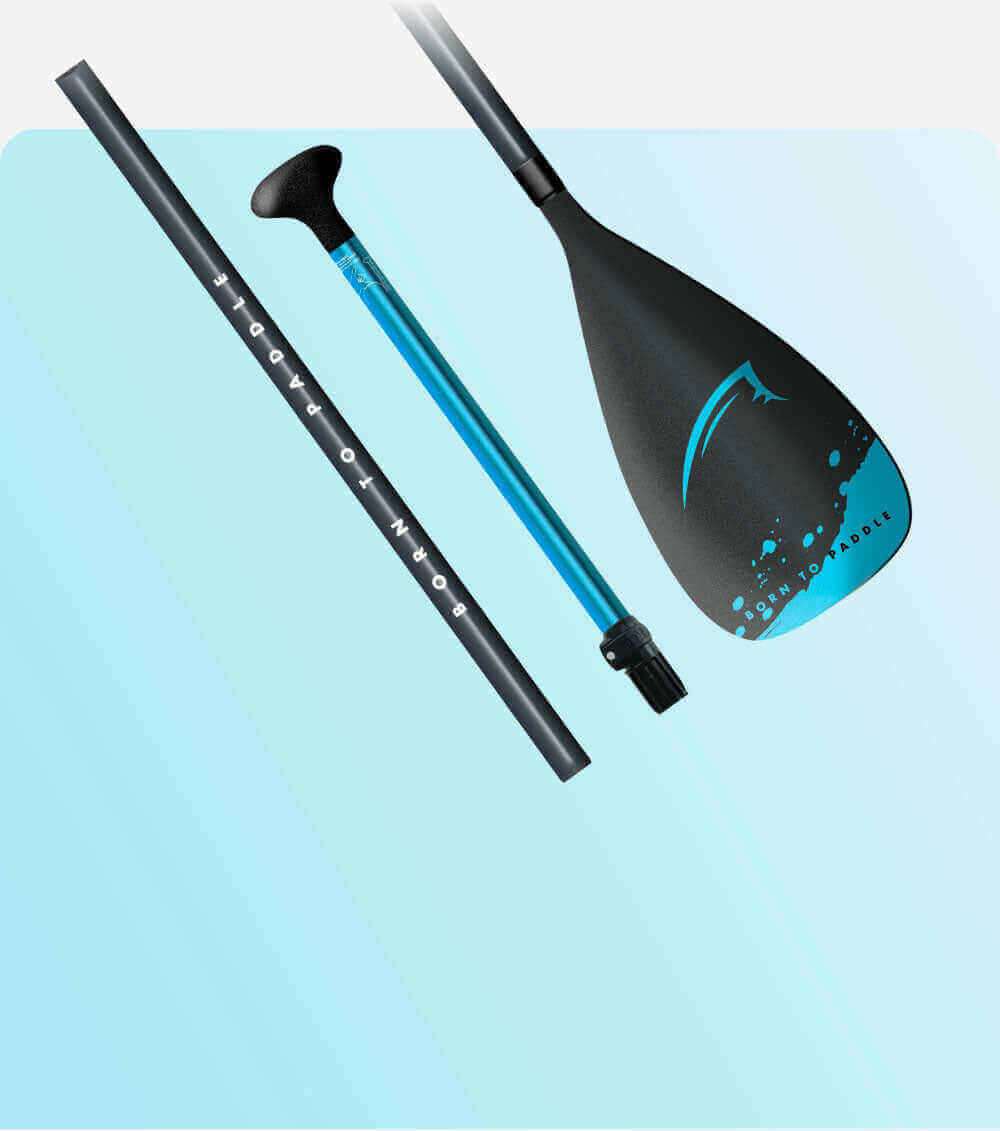 Paddle with a black blade, blue shaft, and black handle, arranged on a light blue background.