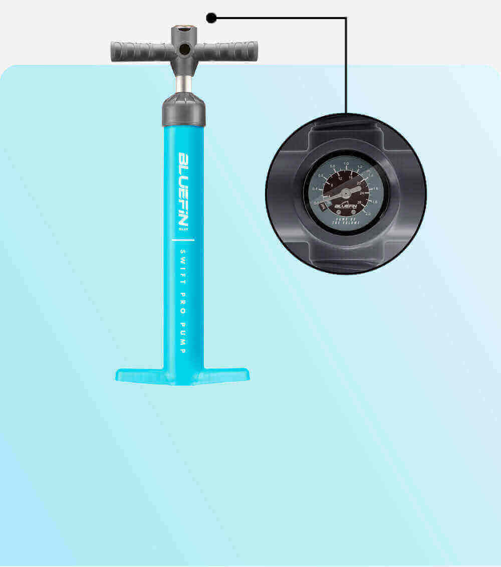 Bluefin Swift Pro Pump in turquoise with a pressure gauge on top for inflating paddleboards.