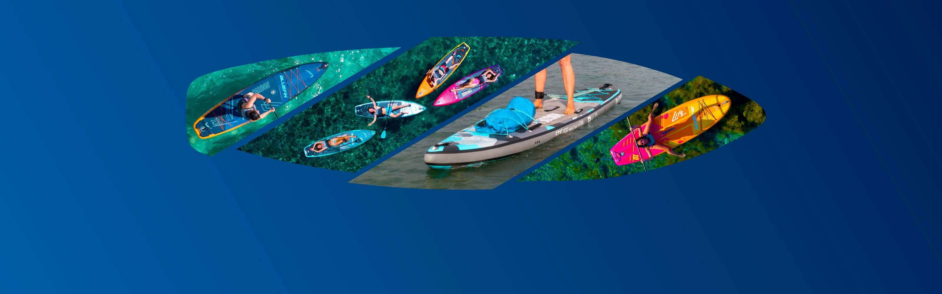 Collage of paddleboards in various colors on water, showcasing different designs and users paddling