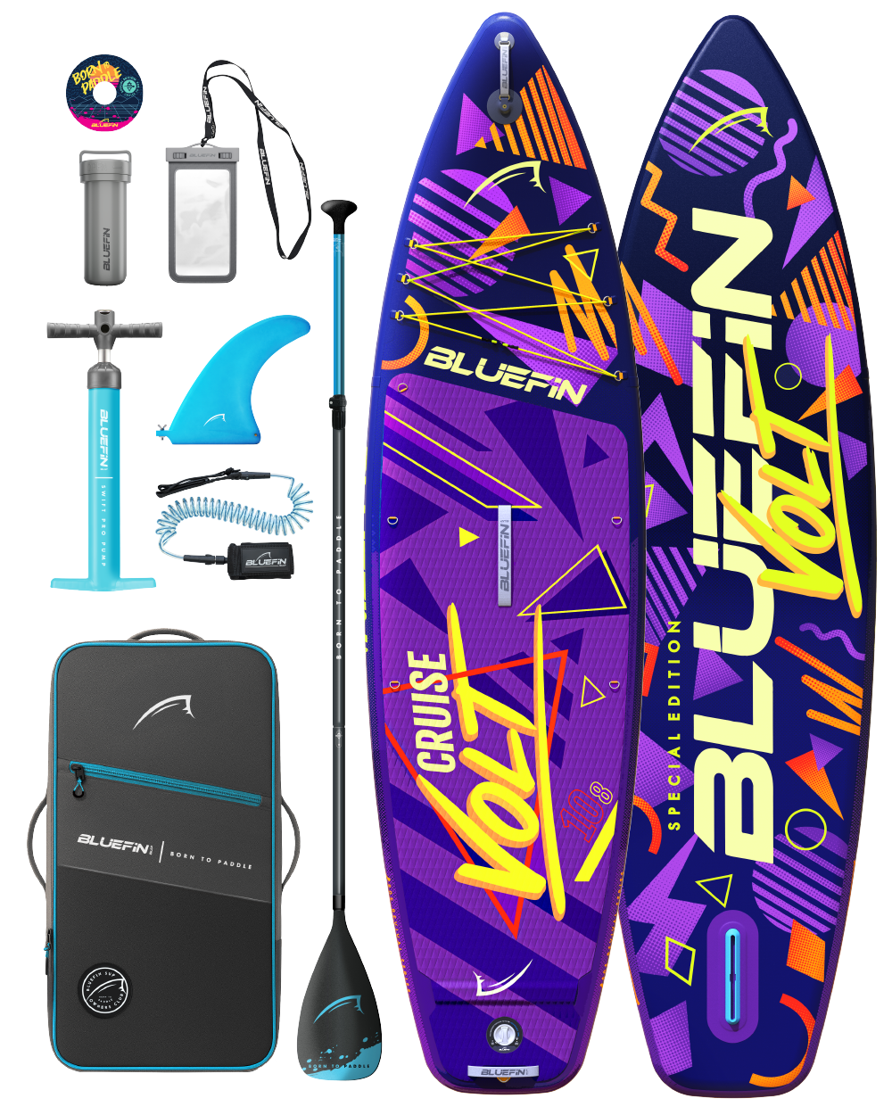 Inflatable paddleboard with colorful design, paddle, pump, fin, and carrying bag for travel.