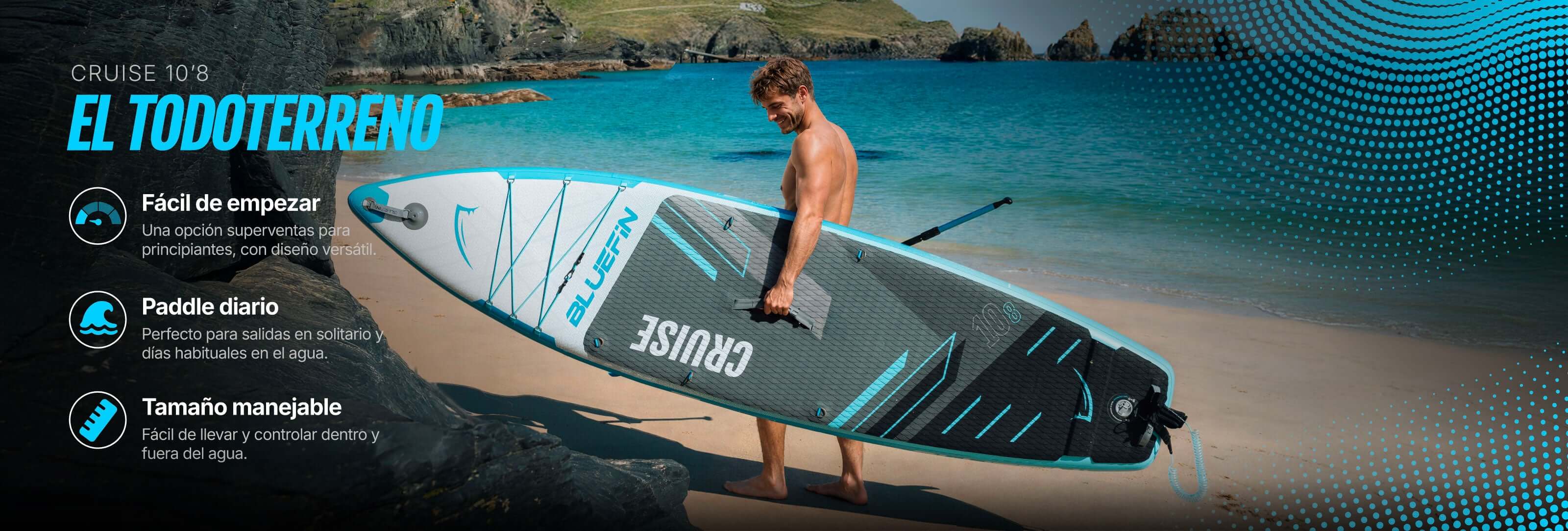 Inflatable paddleboard on beach, featuring textured deck, center fin, and a person holding it