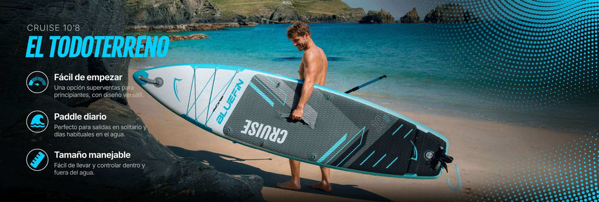 Tabla de paddle surf hinchable en la playa, con cubierta texturizada, aleta central y una persona sujetándola