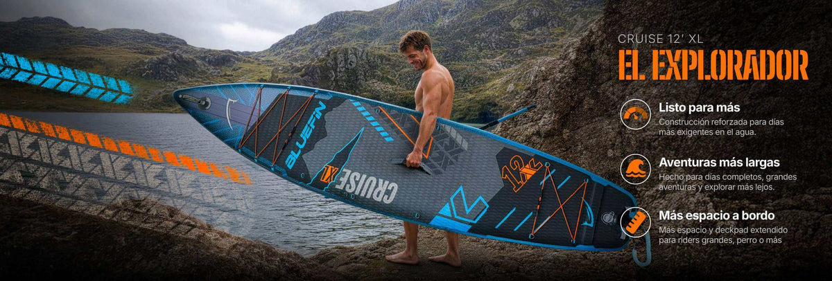Tabla de paddle surf hinchable con gráficos azules y naranjas, cubierta texturizada y un hombre en una orilla rocosa