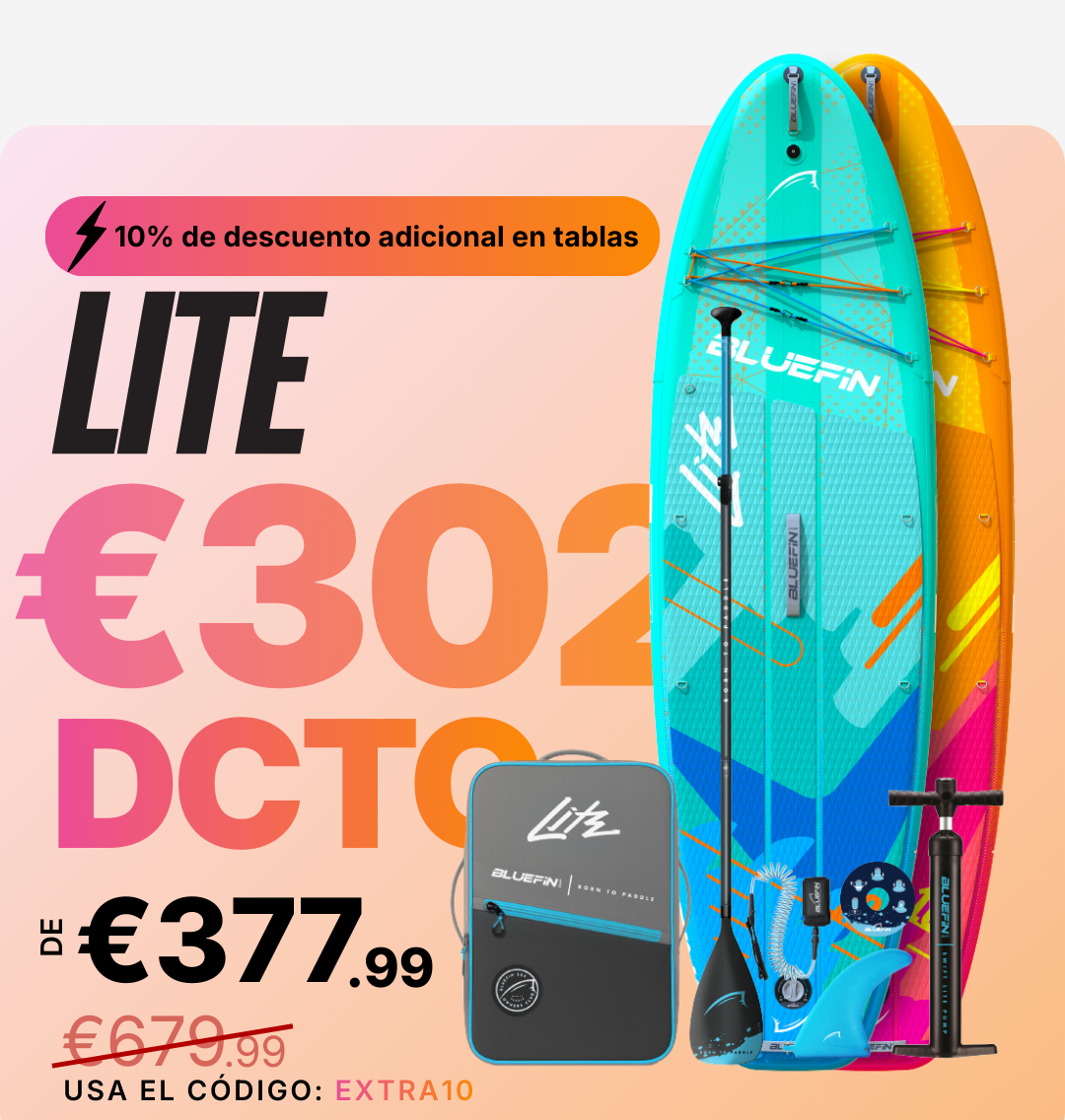 Two inflatable paddleboards in blue and orange with a paddle, pump, and carrying bag displayed beside them.