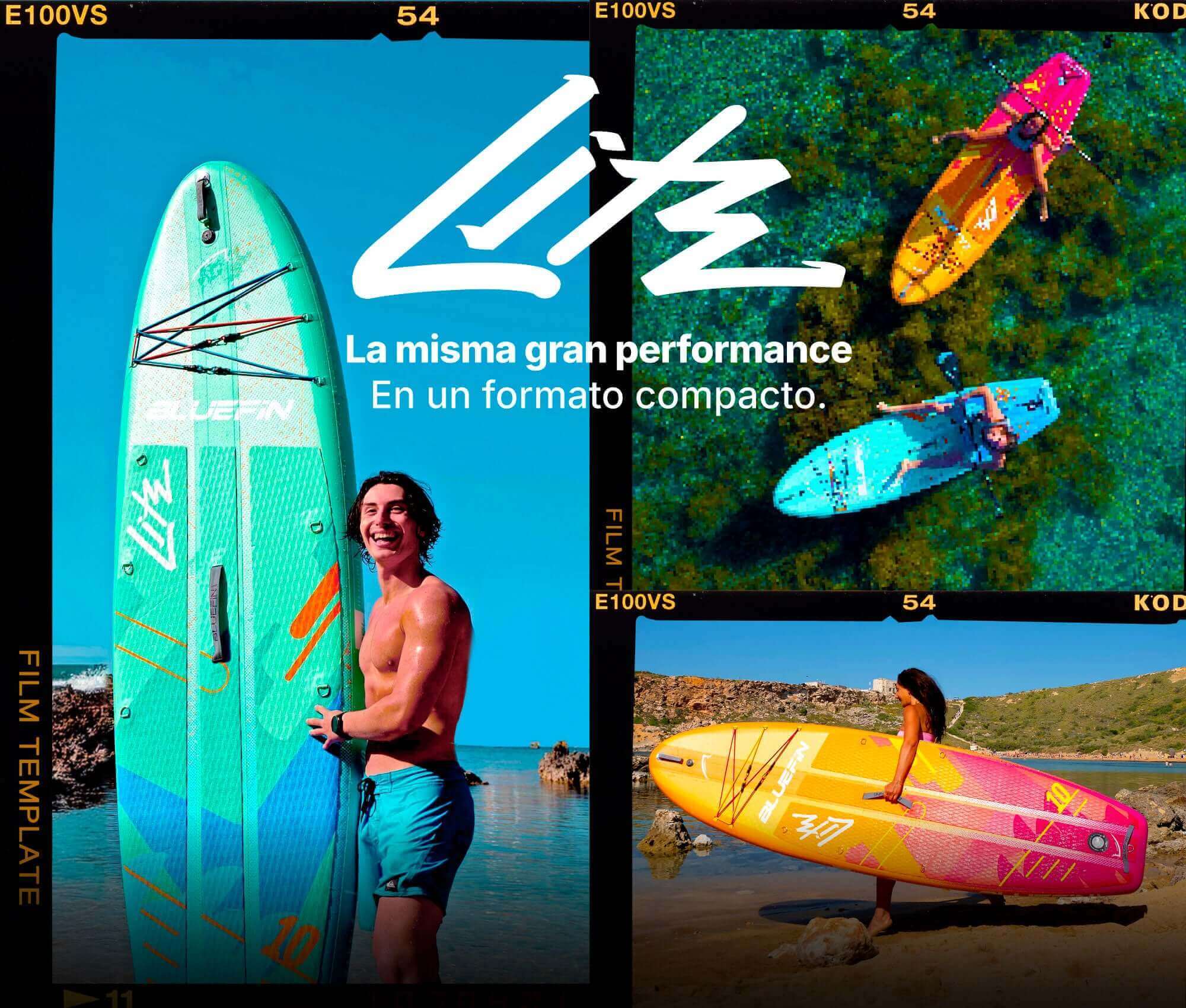 Three paddleboards in vibrant colors: green, pink, and blue, with people enjoying them on water.
