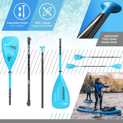 Remo azul ajustable con eje de fibra de vidrio, adecuado para uso en SUP y kayak, mostrado con usuarios en el agua.