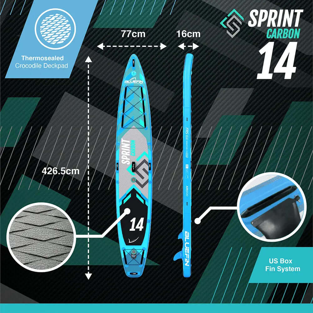 Inflatable paddleboard with blue and gray design, 426.5cm long, 77cm wide, 16cm thick, US Box fin system