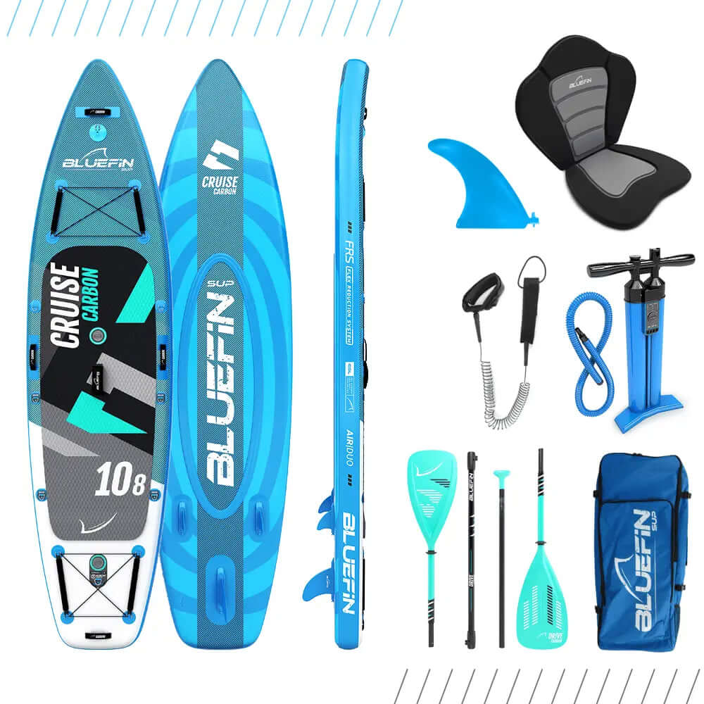 Tabla de paddle inflable con diseño azul y gris, aleta, remo, bomba y bolsa de transporte incluidos.
