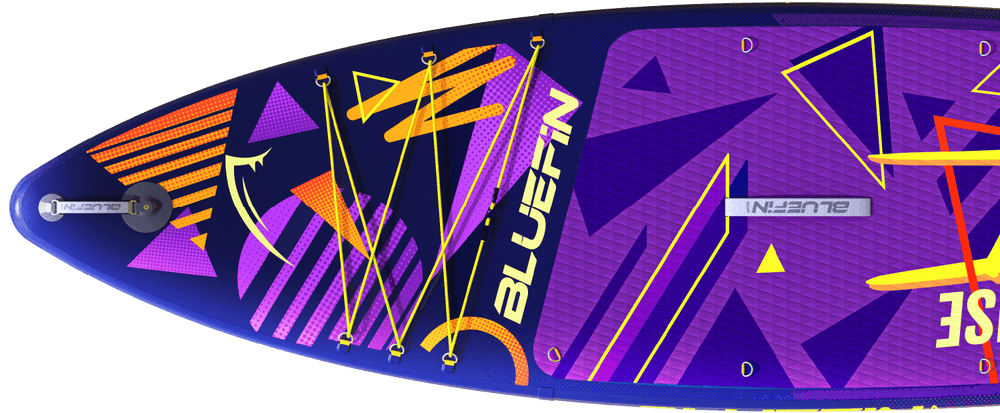 Inflatable paddleboard featuring colorful geometric patterns, textured deck pad, and center fin.