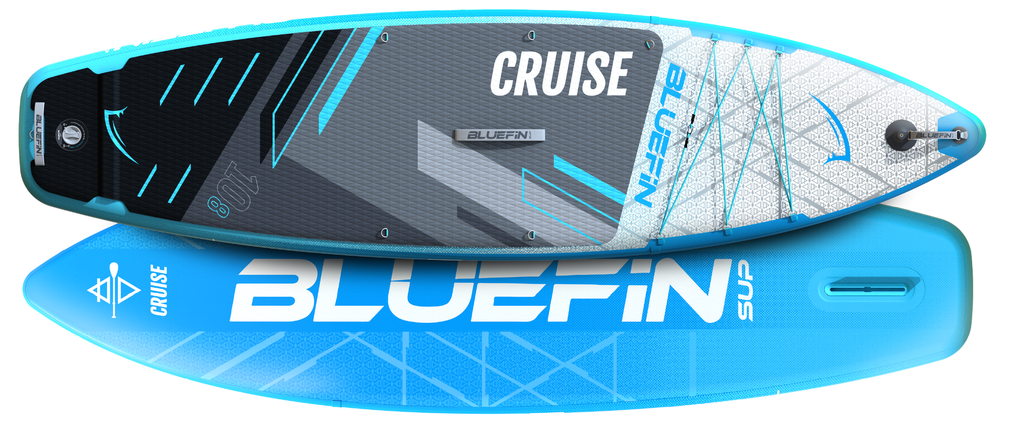 Inflatable paddleboard with textured deck, center fin, and blue graphics for stability and style