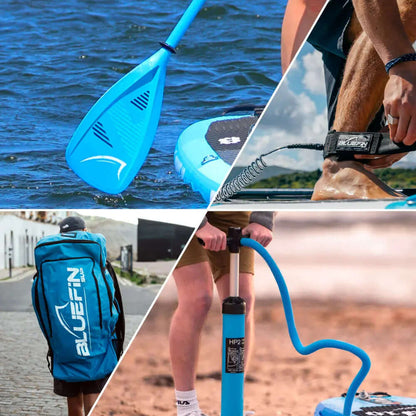 Collage de equipo de paddle surf: remo azul, mochila, correa y bomba sobre agua y tierra.
