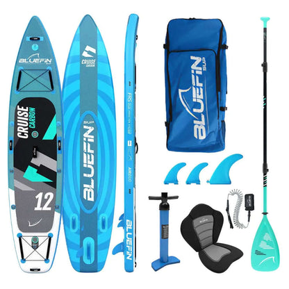 Tabla de paddle inflable con diseño azul y gris, remo, aletas, bomba y bolsa de transporte incluidos.