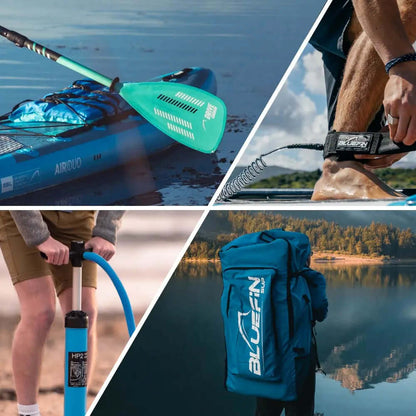 Collage of paddleboard, pump, leash, and backpack for water sports, featuring blue colors and outdoor setting.