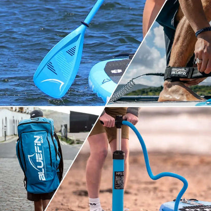Collage de un remo azul, mochila, correa y bomba para equipo de paddleboarding