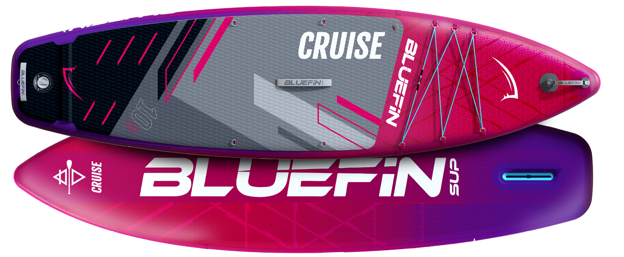 Inflatable paddleboard featuring a textured deck pad, center fin, and colorful design in pink and gray