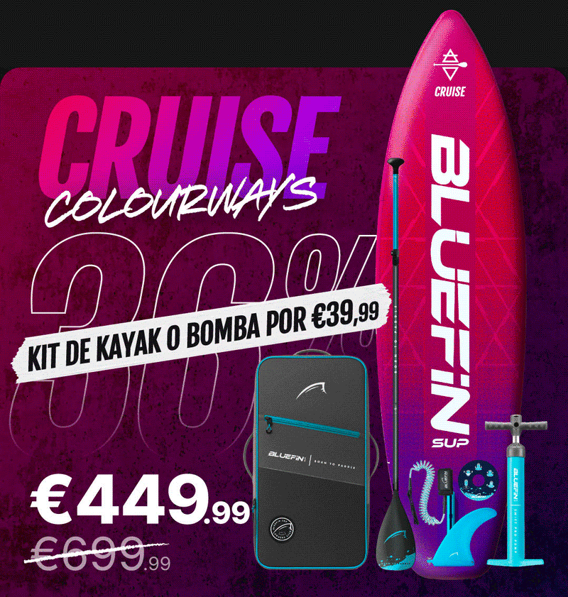 Inflatable paddleboard in pink and purple with paddle, pump, and carrying bag, showing price and discount