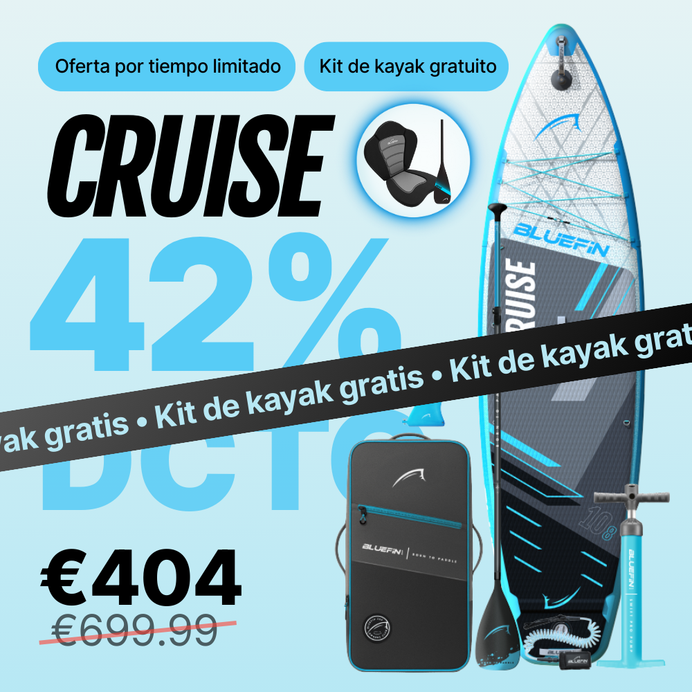 Inflatable paddleboard with blue and black design, paddle, pump, and carrying bag, showing discount details.