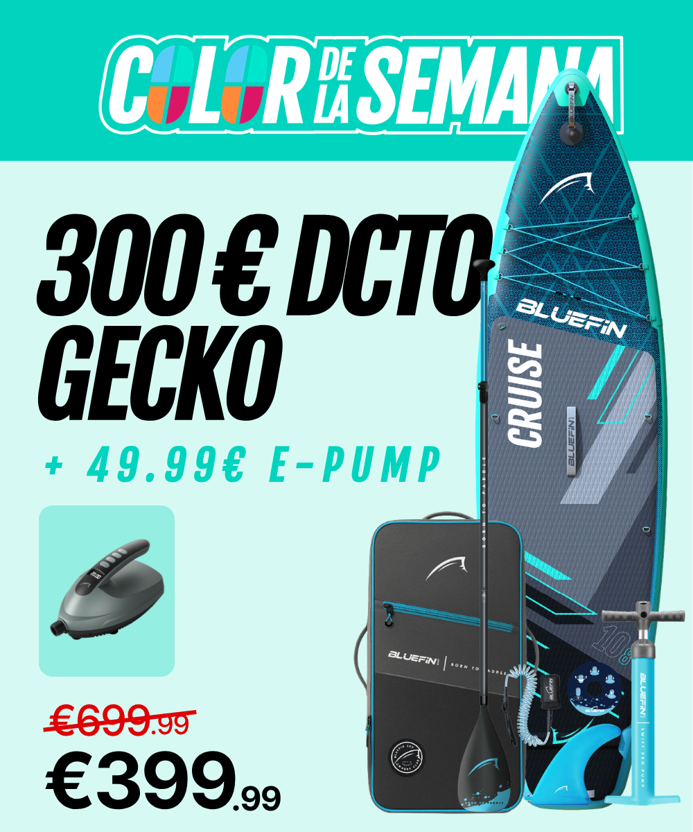 Inflatable paddleboard with blue and gray design, paddle, pump, and carrying bag, priced at €399.99