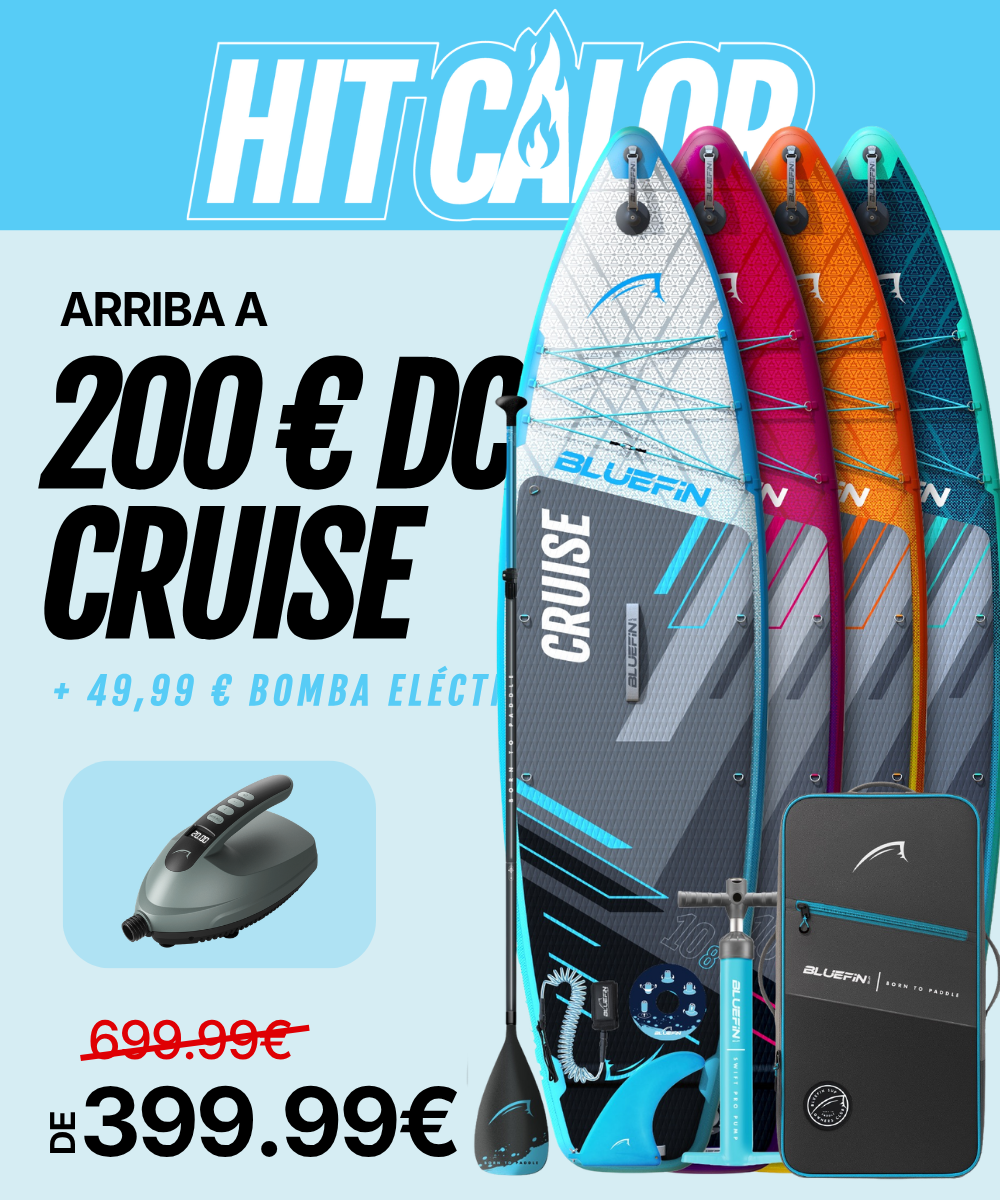 Inflatable paddleboard in blue and orange with a pump, paddle, and carrying bag, priced at 399.99€.