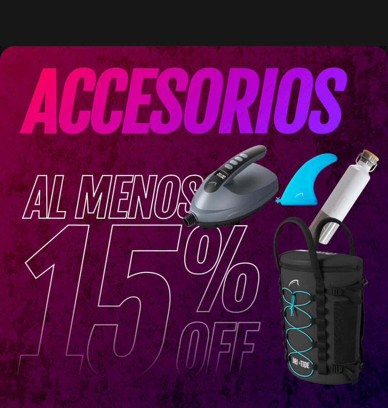 Various paddleboard accessories including a pump, fin, water bottle, and dry bag on a gradient background