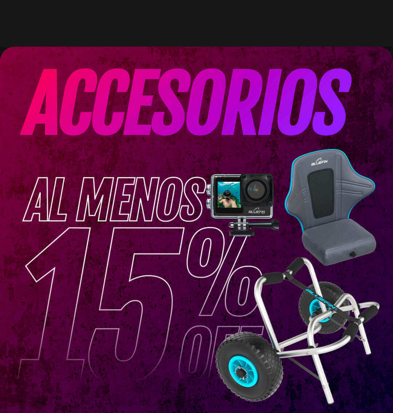 GoPro camera, gray seat, and cart with large wheels on a colorful background with discount text
