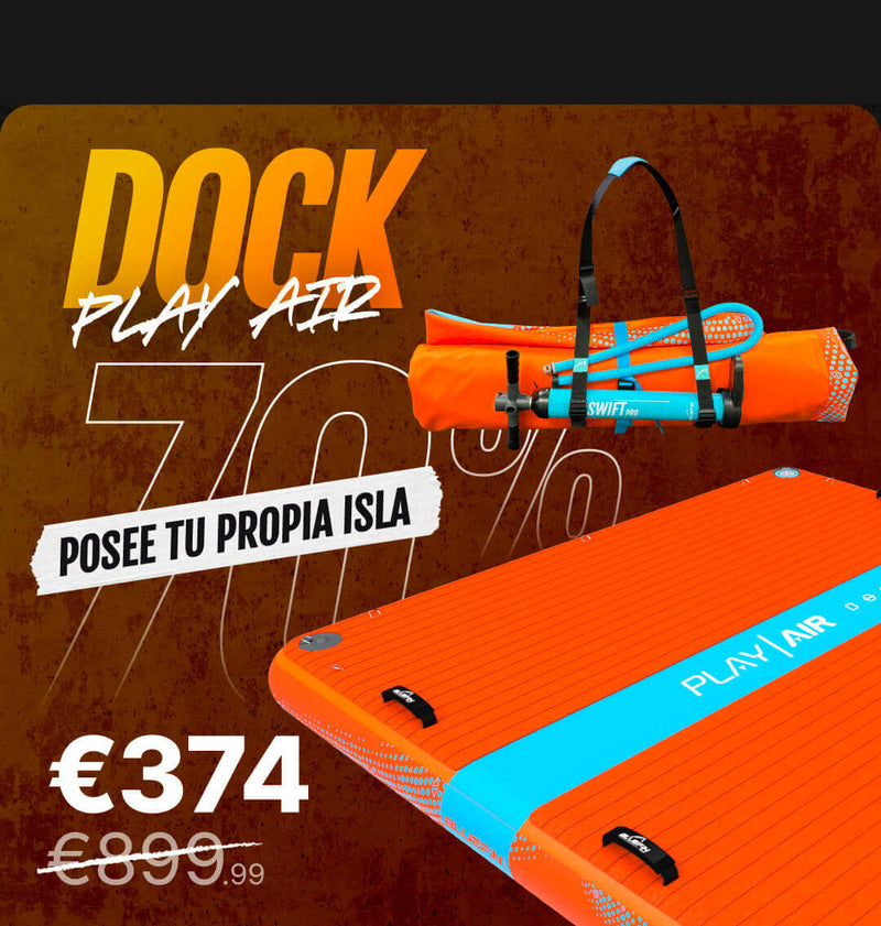 Orange inflatable paddleboard with blue accents, carrying strap, and price details on a textured background