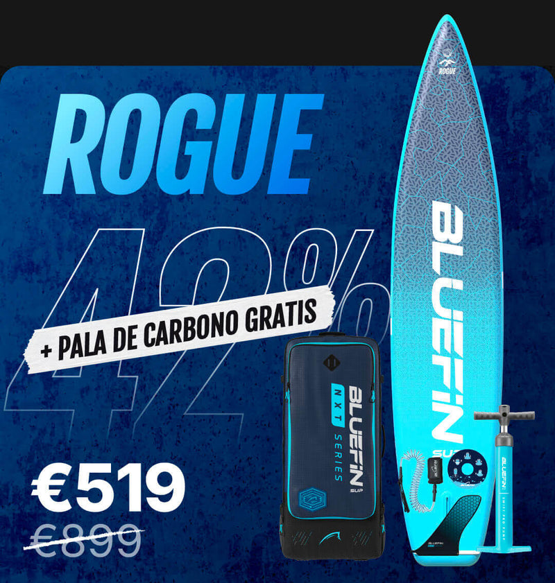 Bluefin Rogue inflatable paddleboard with pump and backpack, showing 42% discount and price €519